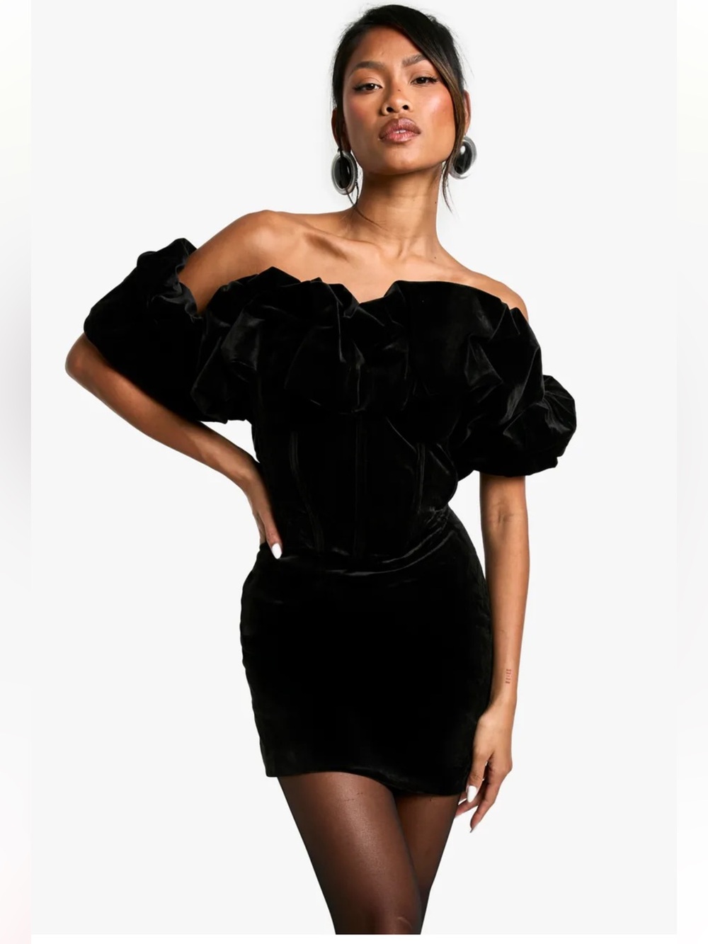 Boohoo Black Velvet Mini Dress with Dramatic Ruffle Shoulders